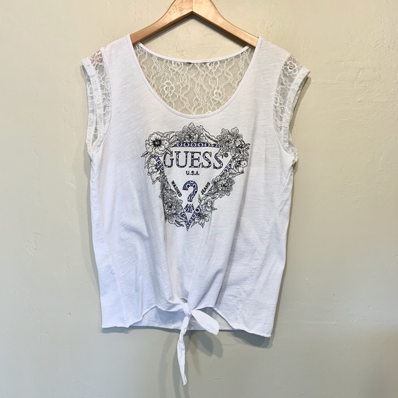 Guess Jeans | Y2K Vibes Graphic Logo Embellished Rhinestone Lace Tie Front Top - Picture 2 of 8